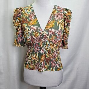 Ember Tropical Smocked Puff Sleeve Top Size Medium